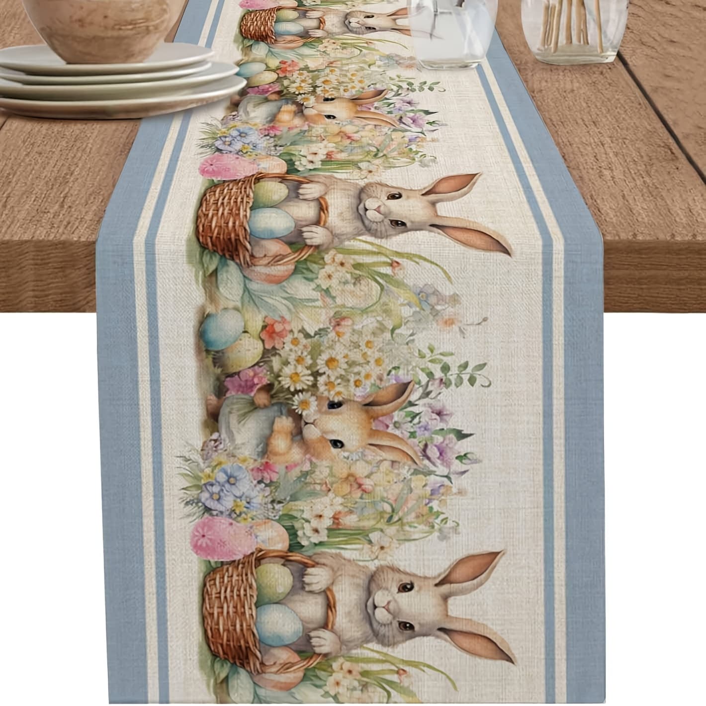 TEMU 1pc Easter Bunny Linen Table Runner - Woven Rectangular Dresser Scarf With Colorful Eggs & Watercolor Flowers Design For Catering, Dinner, Party, Wedding, Holiday, Banquet Decor