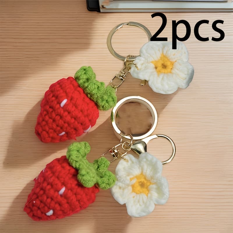 TEMU 2pcs Of Knitted Keychains - Featuring Cute Crocheted White Flowers, Perfect For Backpack Or Car Key Decorations, Ideal Gifts For Birthdays And Holidays
