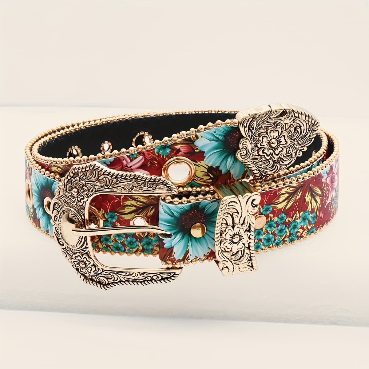 TEMU Western Style Floral Printed Belt With Vintage Metal , Retro Boho Wide Waist Belt For Women, Fashion Statement Belt For Jeans Dresses