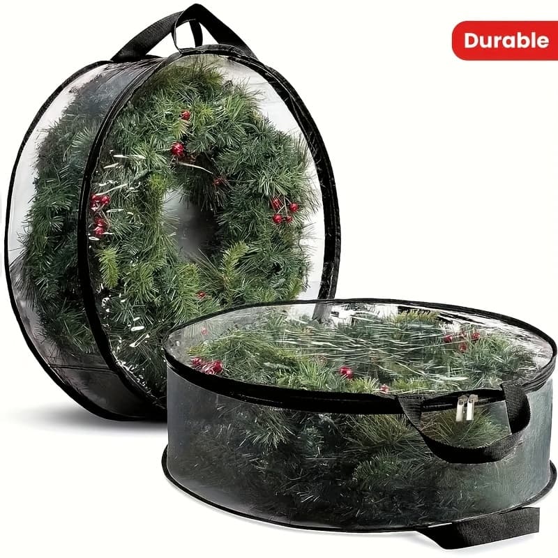 TEMU 2pcs Christmas Wreath Storage Bags, Clear Pvc Plastic, Durable Plastic Fabric Double Zipper Bags, For Holiday Christmas Wreath Storage, Reinforced Canvas Handles, Christmas Gift Supplies