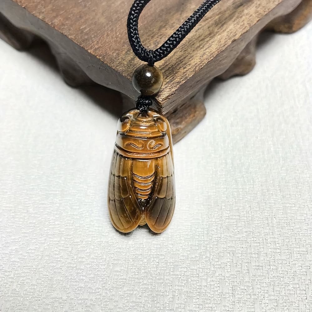 TEMU 1pc Natural Tiger Eye Stone Cicada Necklace Pendant For Men