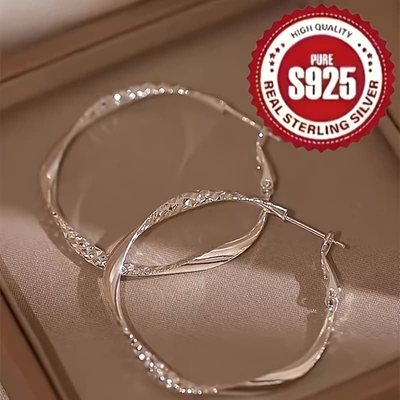 TEMU 2pcs Minimalist Twisted Hoop Earrings Made Of S925 Silver, Featuring A Cool And Textured Round Shape, Stylish And Elegant For Women., Earrings Set For Women