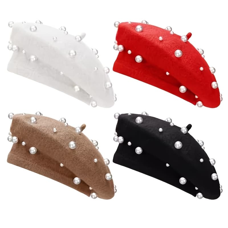 TEMU Set Of 4 Berets Featuring French Pearl Beads, Perfect Beanie Hats For Winter