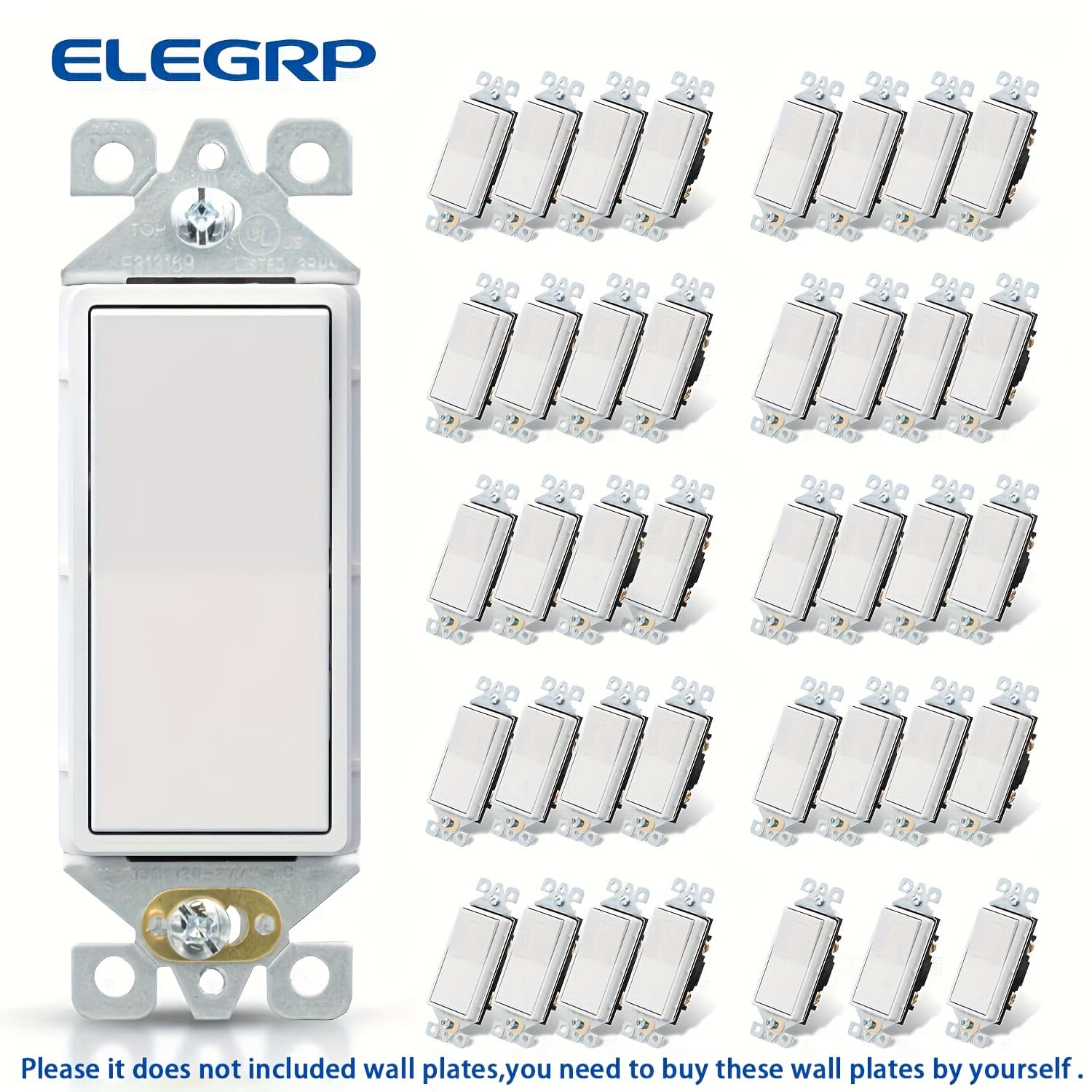 TEMU Elegrp 10/40-pack Matte White Single Pole Decorator Light Switch, 15a, 120/277v, Decorative Paddle Rocker Switch Replacement, Wall Switch, Self-grounding, Residential/commercial Grade