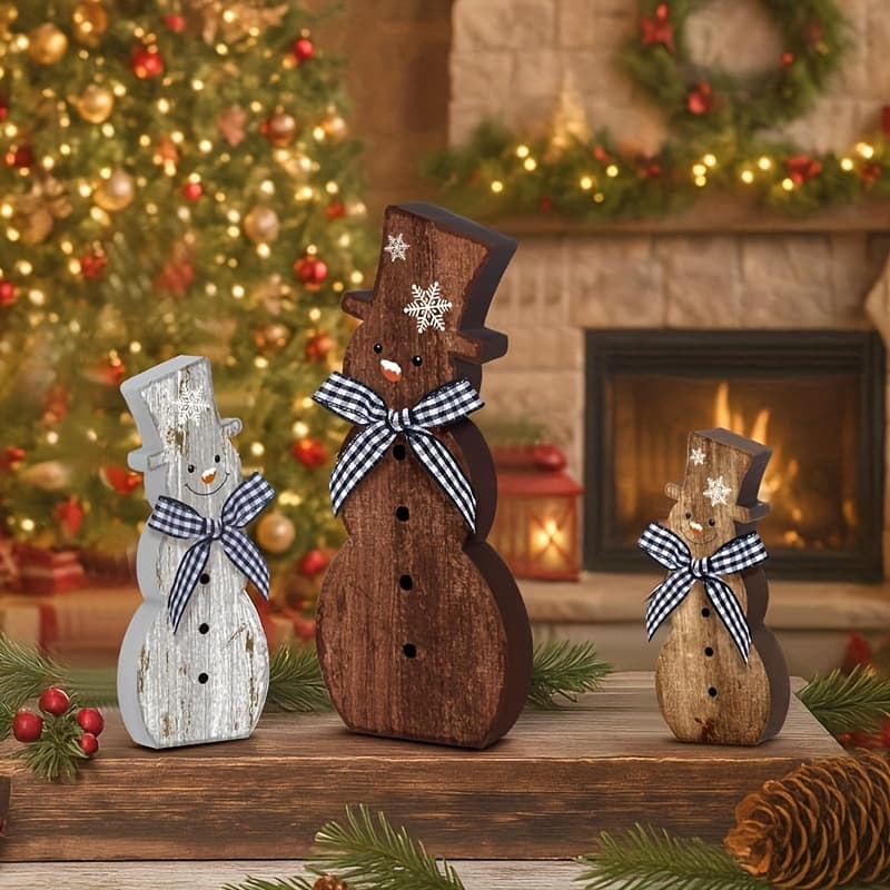 TEMU 3 Christmas Snowman Table Decorations | Brown Winter Wooden Snowman Table Center Block Logo Doll, Christmas Indoor Home Fireplace Holiday Desktop, 3d Stereoscopic Craft Effect