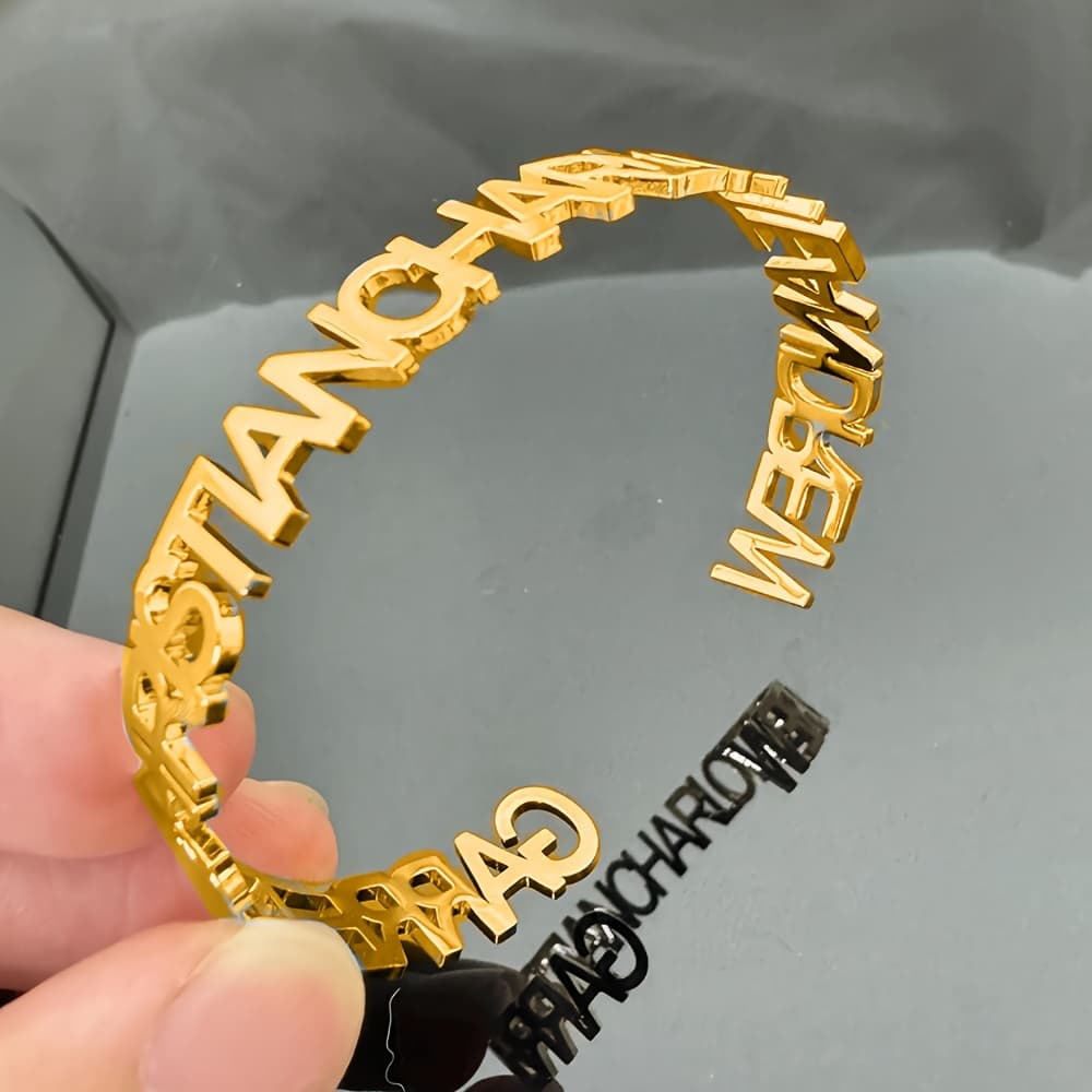 TEMU Personalized Stainless Steel Name Bracelet - Custom Engraved Open Bracelet, Featuring , An Jewelry Gift For Ladies, Suitable For , Birthday, And Wedding Anniversary