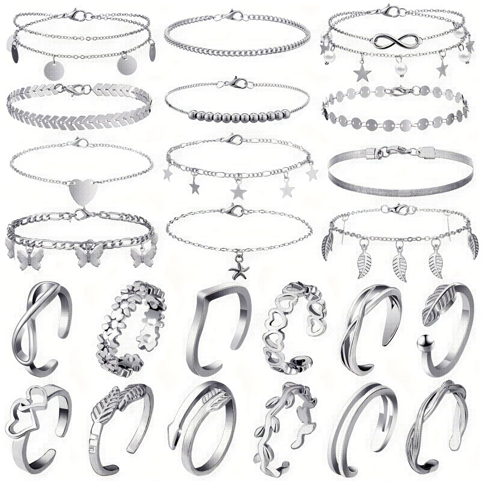 TEMU 24pcs Anklet And Toe Ring Set For Women Silvery Golden Layered Anklet Chain Adjustable Open Toe Ring Foot Jewelry Day And Father's Day Gifts, For Parents, , Colleagues, And
