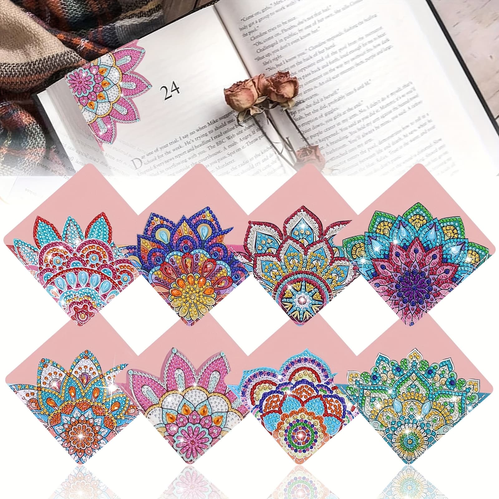 TEMU 8pcs Diamond Painting Corner Bookmarks, Mandala Bookmarks For Beginners And Book Lovers, Diamond Decoration Diy Bookmark, Great Gift Idea For