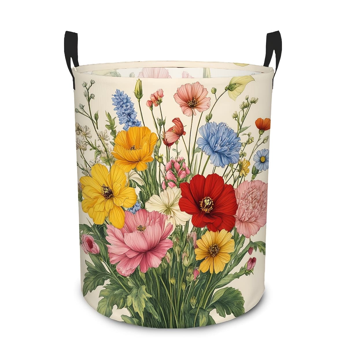 TEMU 1pc Vintage Colorful Floral Laundry Basket, Watercolor Foldable Storage Bin With Handles, Round Laundry Hamper For Clothes Bedroom Home Decor, Laundry Baskets