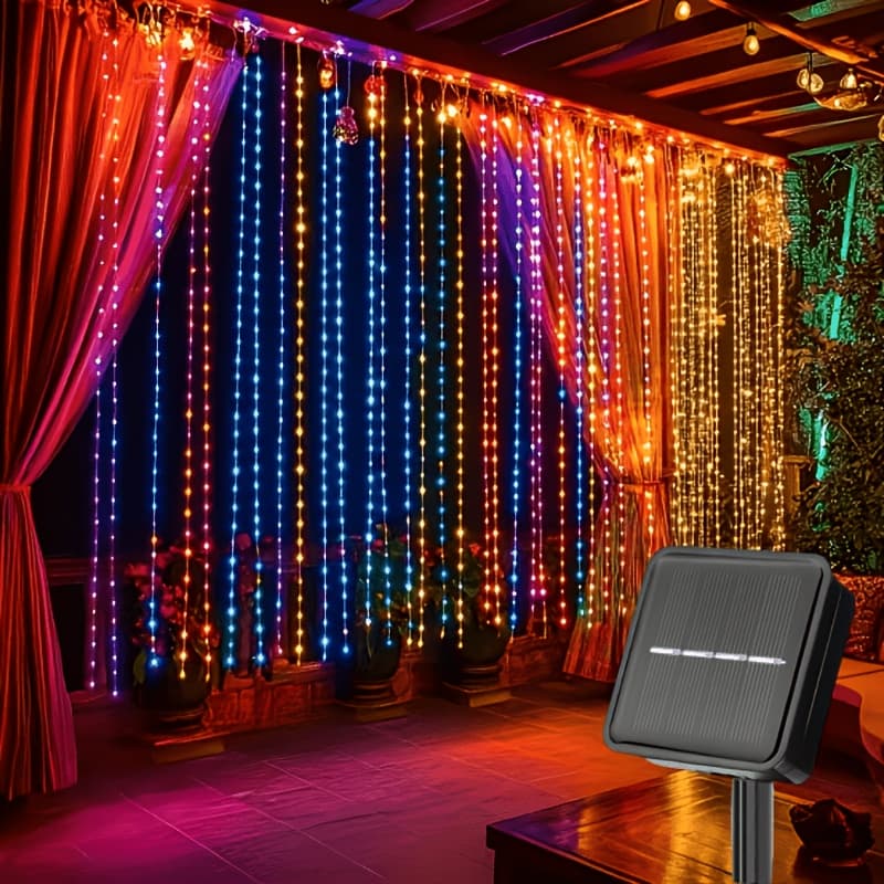 TEMU Colorful X Solar Curtain Lights 300 Leds, Courtyard Decoration, Courtyard, Porch, Wedding, Party, Christmas, Halloween, Outdoor Decoration, Outdoor Garden Lights