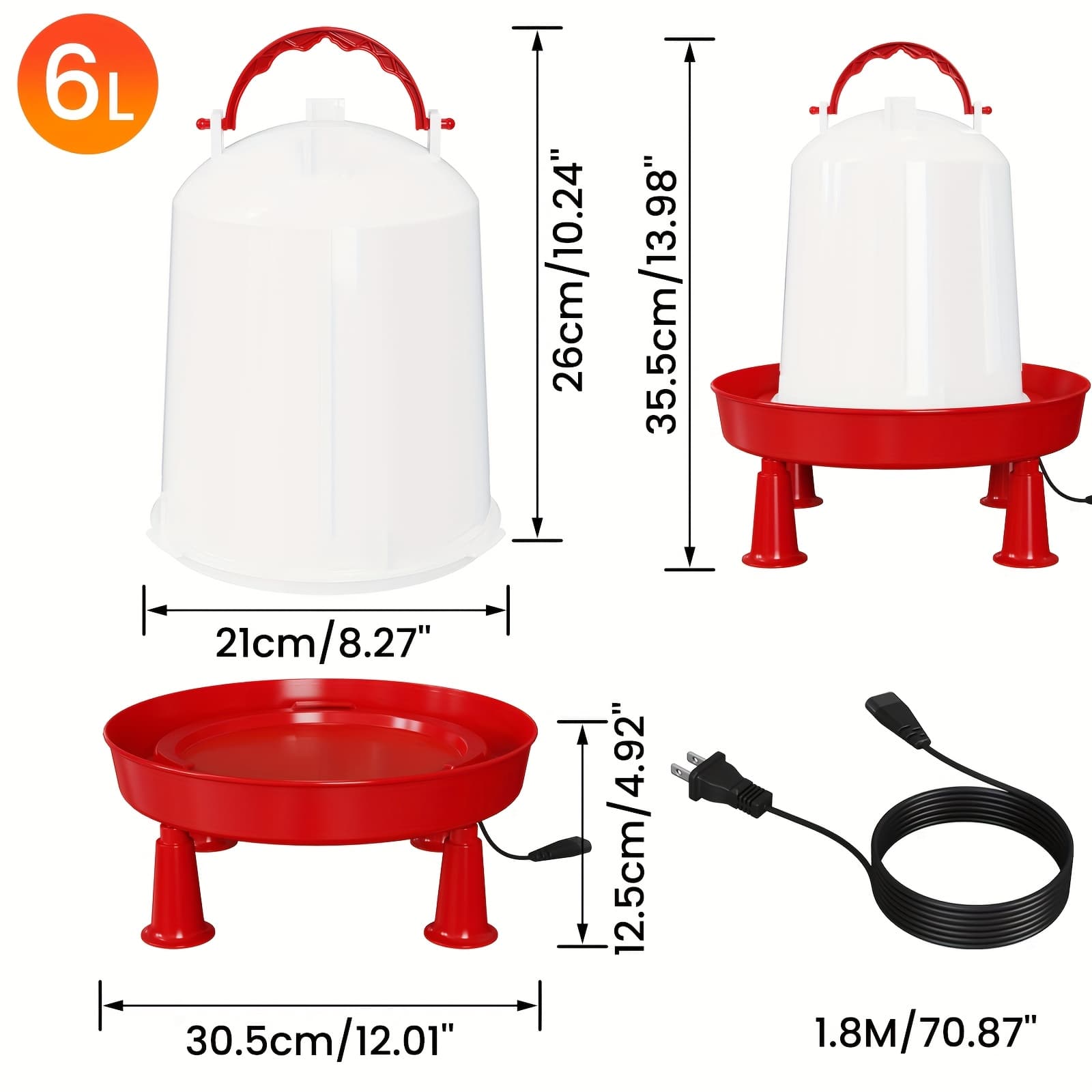 TEMU [ Heated Poultry Waterer] 3l/6l Heated Chicken Waterer For Winter Chicken Water Heater With Leg Support, 35w Bpa-free Heating Poultry Waterer Heated Watering System For Chicken Coop