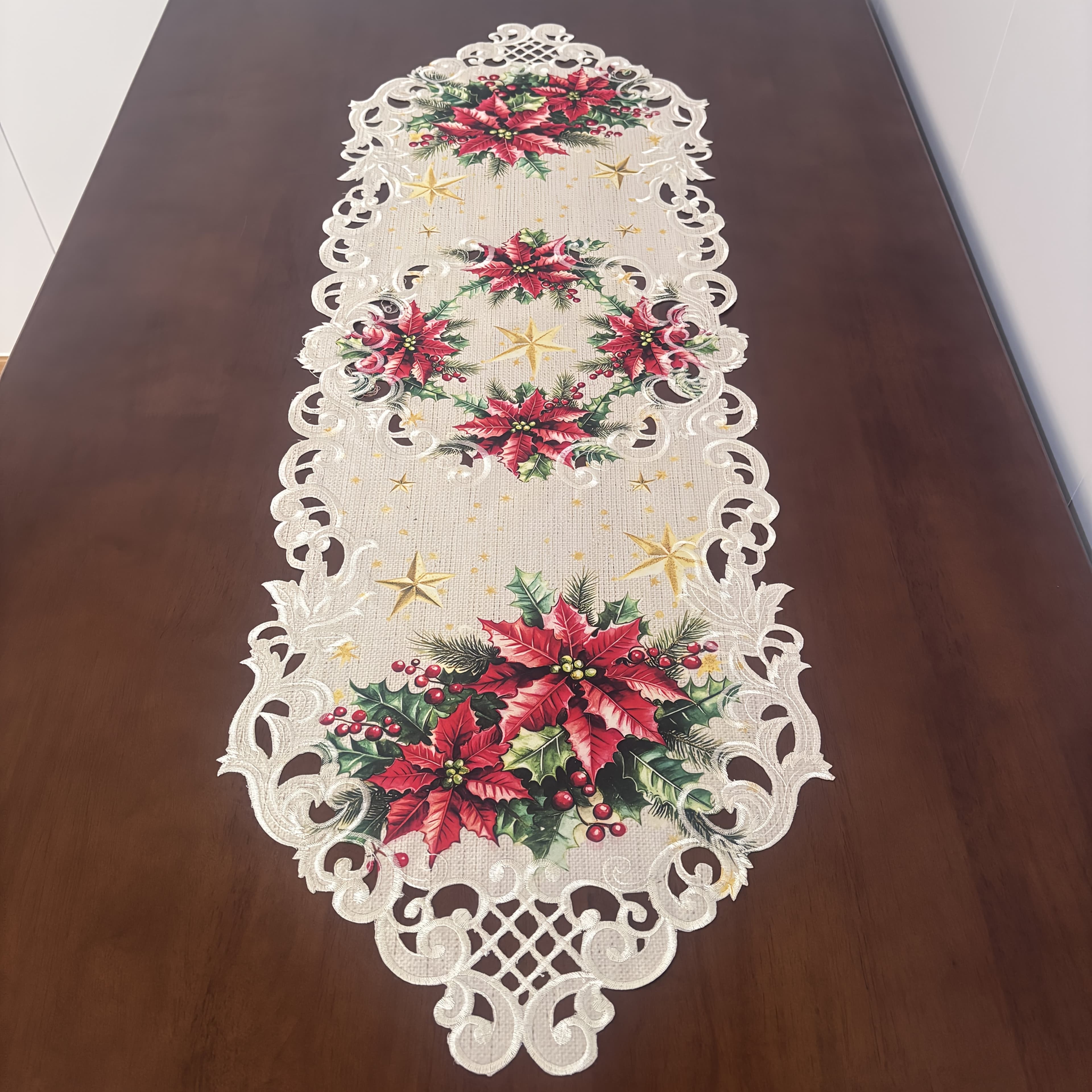 TEMU Christmas Table Decoration Table Flag Hollow Embroidery Print Christmas Flower Autumn Decoration Family Table Seasonal Holiday Decoration 35x113cmcm