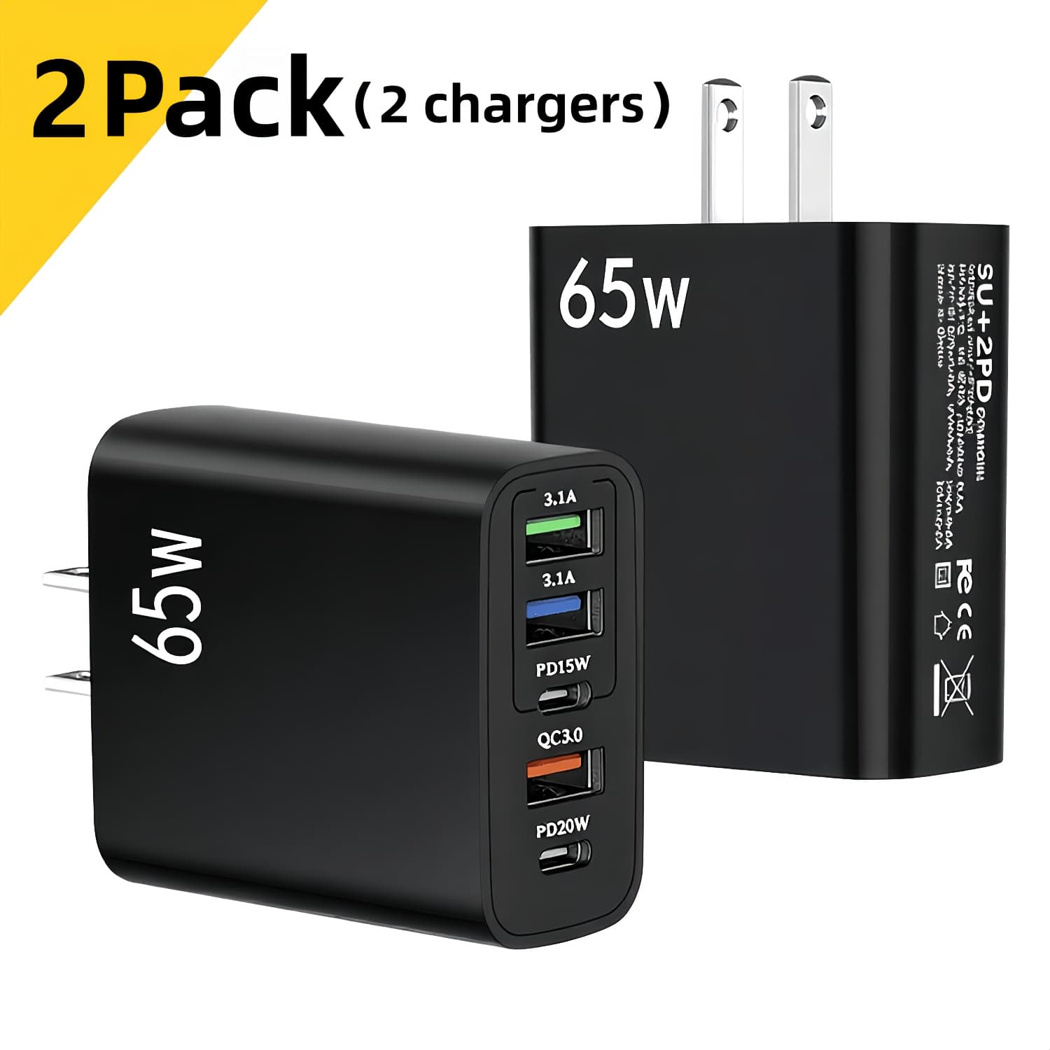 TEMU 2pack Usb C Charger Block, Phone Fast Charging, Usb C Charging Cubes, 5-port Pd 20w + Qc 3.0 Power Adapter Multiport Brick Type Plug For Types Of Mobile Phones, Christmas Gift, Black