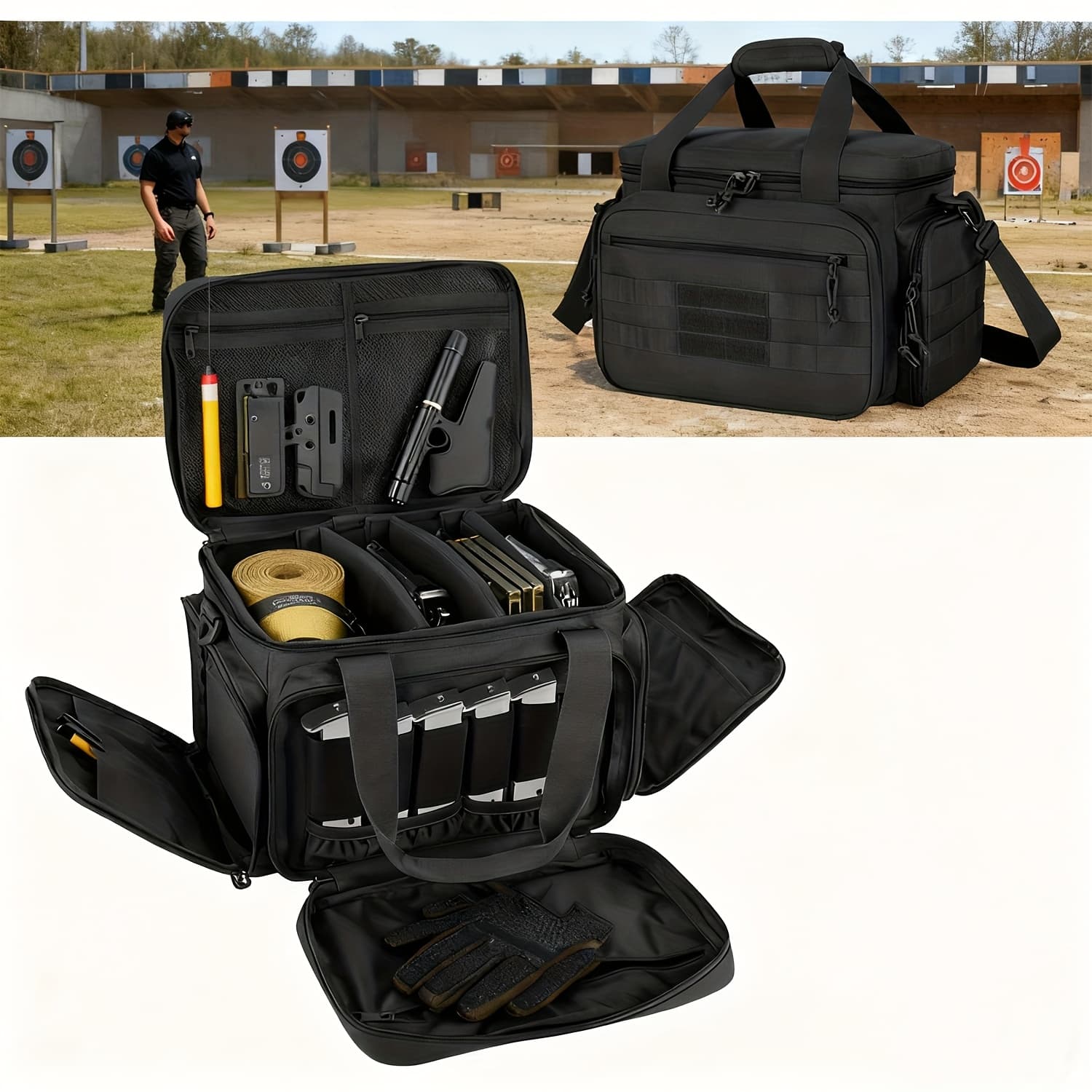 TEMU Tactical Gun Range Bag For 4 , Pistol Shooting Range Bag With 6x Magazine Slots And Extra Pockets For And Essentials