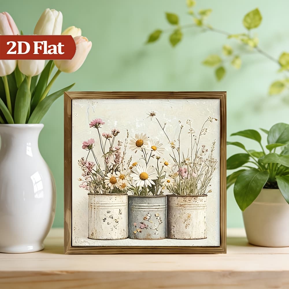 TEMU 2d Flat - 8x8 Inches Vintage Country Wooden Sign - Farmhouse Style With Daisies & Pink Gingham - Ideal For Home, Office, Kitchen - Great Spring Present