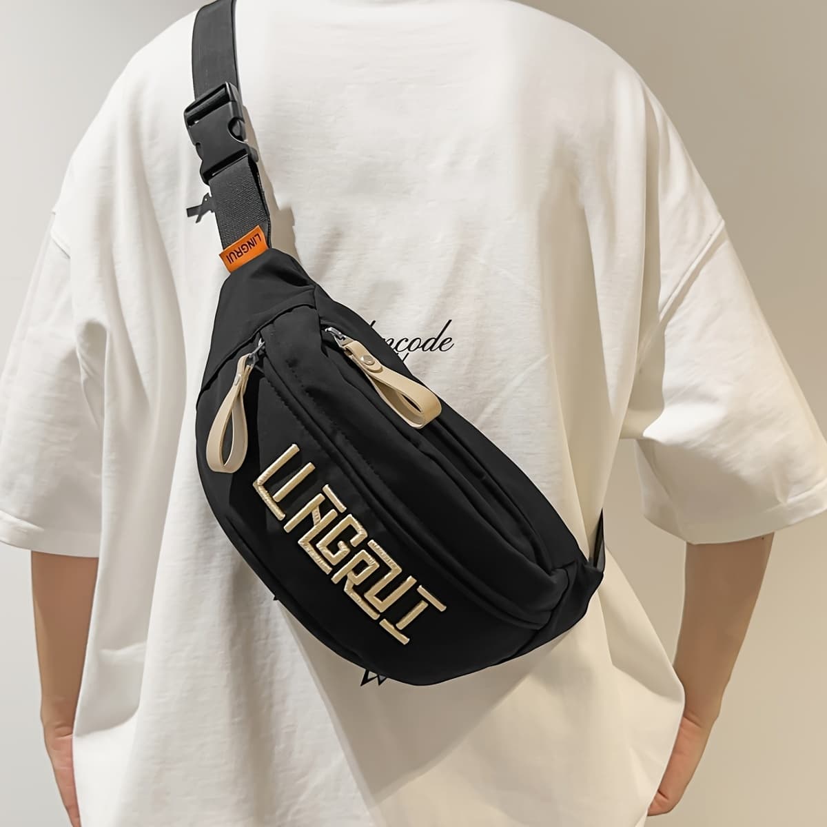 TEMU 1pc Sleek Black Nylon Crossbody Chest Bag With "life Output" Print - Adjustable Zipper Closure, Lightweight For Daily , Sports, Travel | Multi-compartment, Crossbody Bag