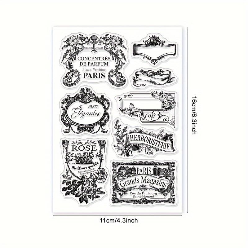 TEMU 1pc Vintage French Advertising Label Transparent Stamp For Card Making, Rose Transparent Sealing Label Corner Frame Decoration, Transparent Stamp For