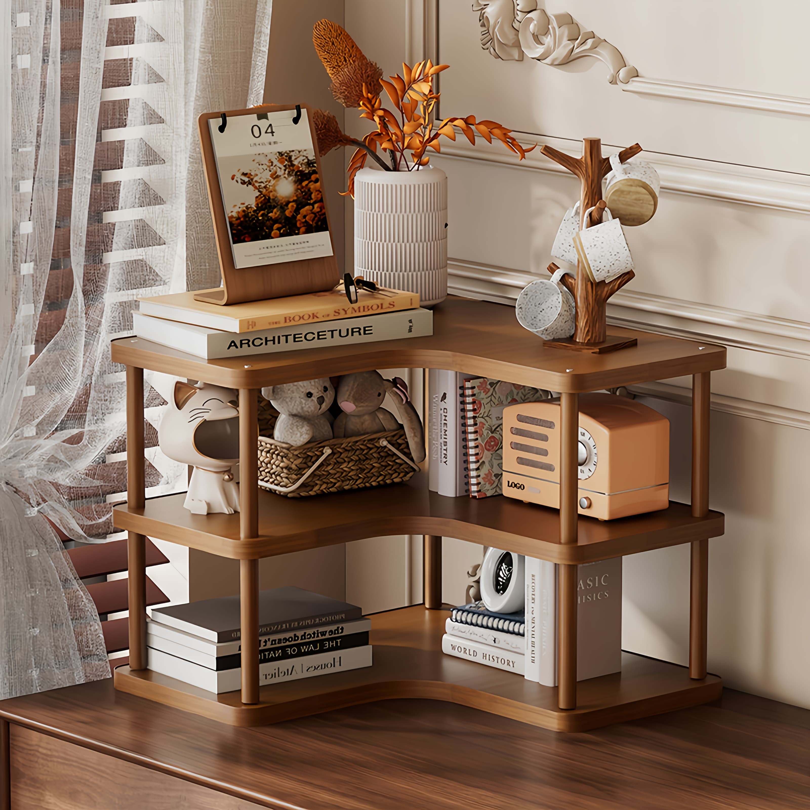TEMU 3/2 Tiers Desk In Shelf Organizer, Triangular Shape, Suitable For Wall Corner Space Storage, Storage Of Coffee Utensils, Cups, Kitchen Utensils, Rustic Farmhouse Organizer