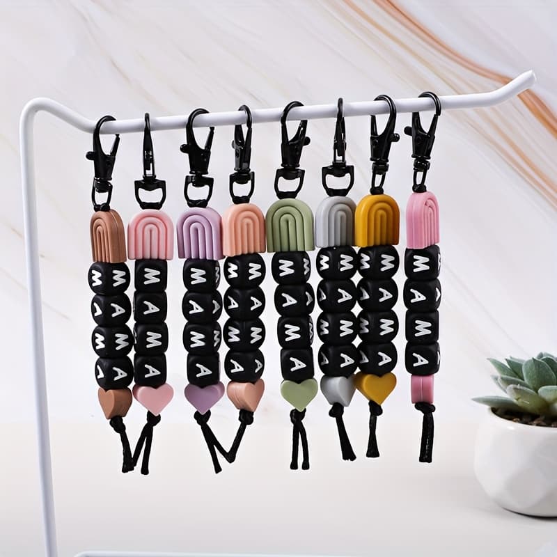 TEMU Set Of 8 Mama Silicone Bead Short Adorable Keychains, Perfect For Or Holiday Gifts