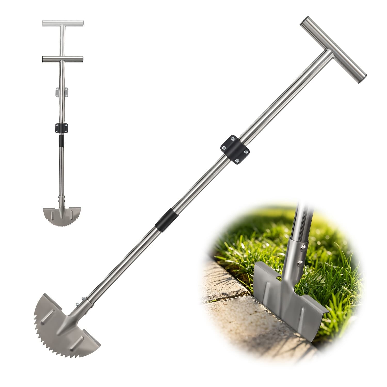 TEMU Lawn Edger Tool, Adjustable 34-42 Inch Half Moon Manual Garden Edger Lawn Tool, Heavy Duty Saw Tooth, Long Handle For Driveway, Sidewalk, Flower Bed, Landscaping Grass Step Edging Tool