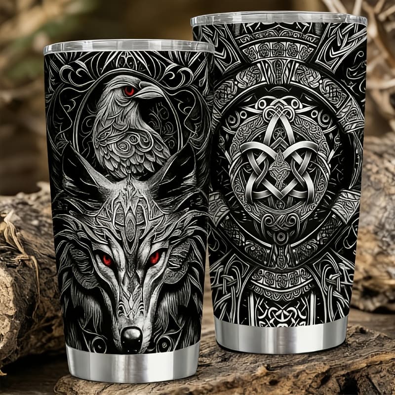 TEMU 18oz Viking-themed Stainless Steel Insulated Tumbler With Wolf & Celtic - Steel Material Perfect Gift For Men, Ideal For Coffee, Travel & , Outdoor Tumbler | Viking Artwork | Durable Drinkware