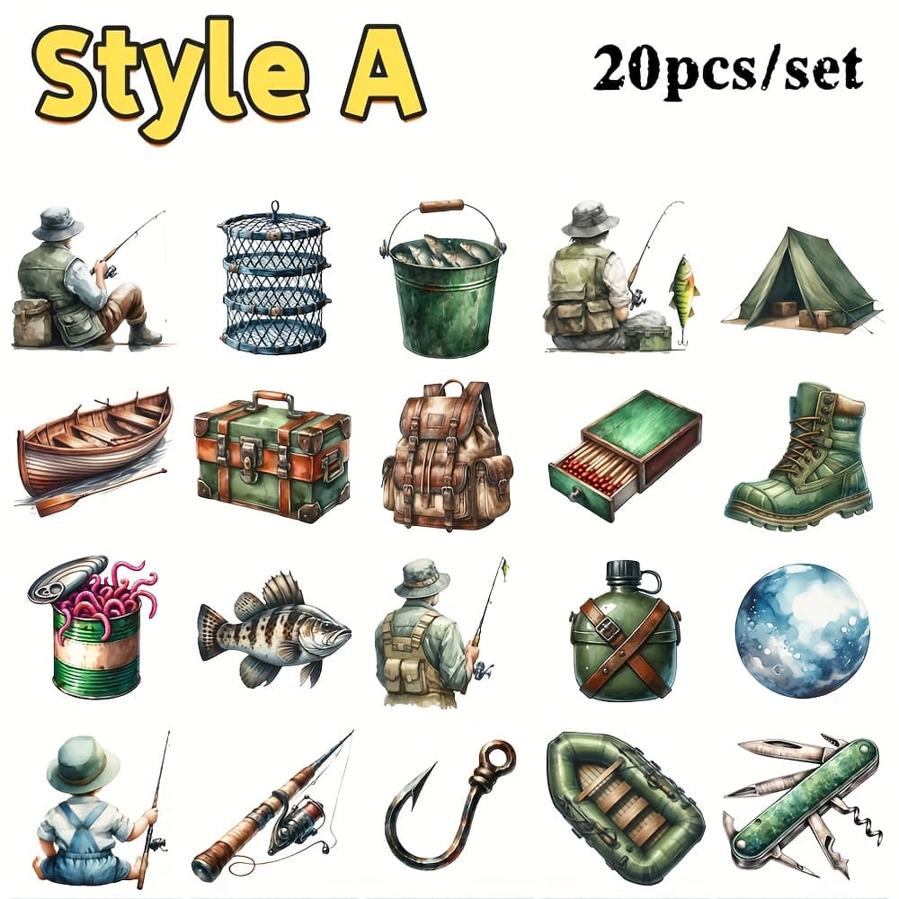 TEMU 2d Flat 20pcs/set Outdoor Fishing Tool Stickers For Diy Decoration, 2d Flat
