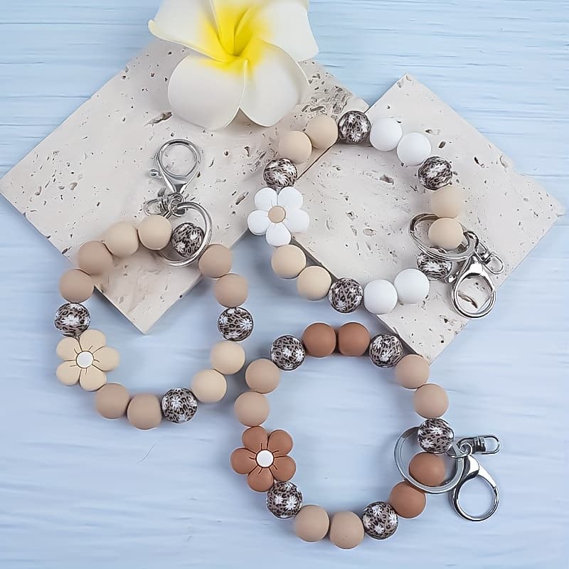 TEMU 3pcs/set Of Flower Silicone Printed Silicone Bead Bead Wrist Bracelet For Women Sweet And Anti Loss Keychain For Gift