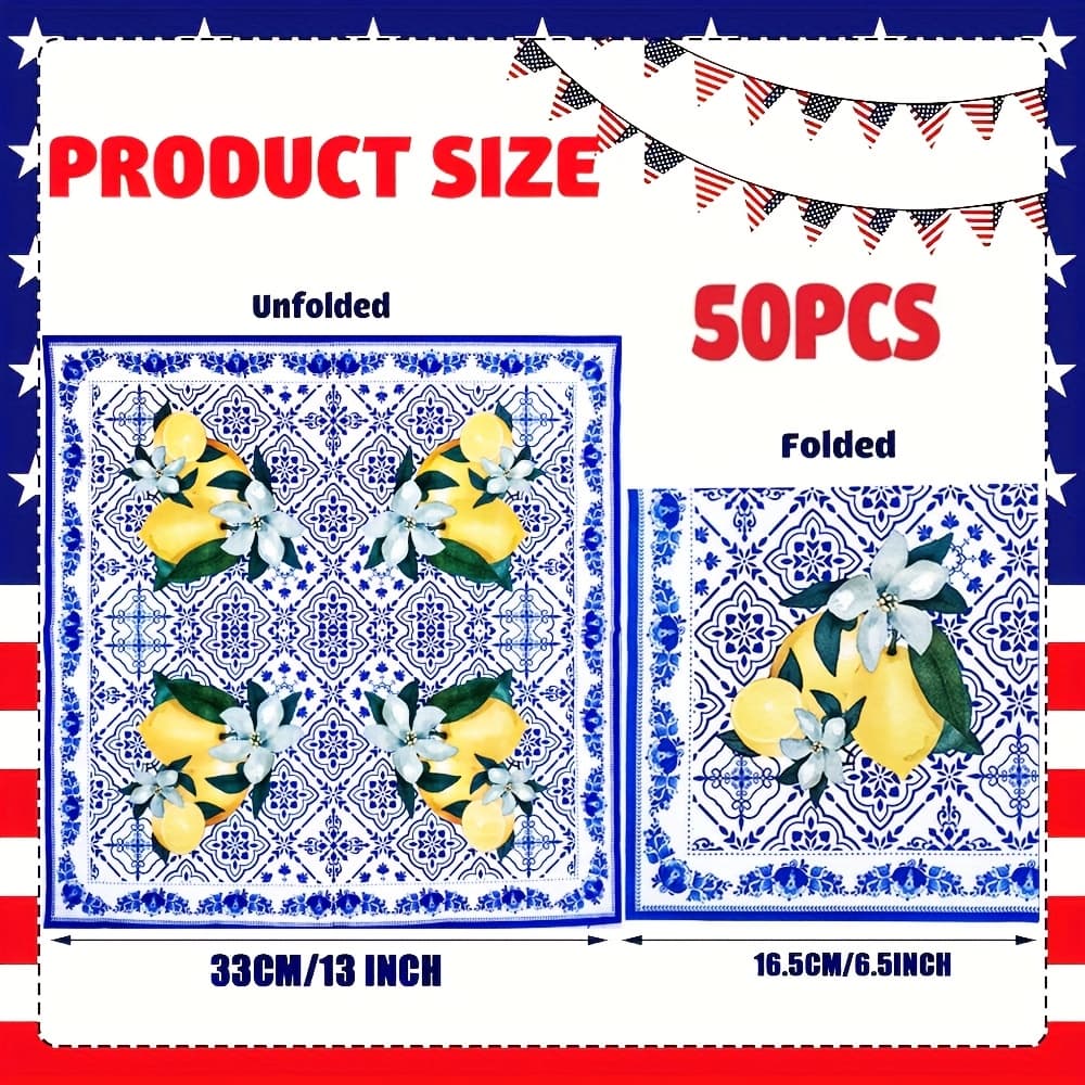 TEMU 50pcs Of Capri Lemon-themed Napkins Featuring Blue And Yellow Tiles, Perfect For Luncheons, , Birthday Parties, And Italian-themed Decorations