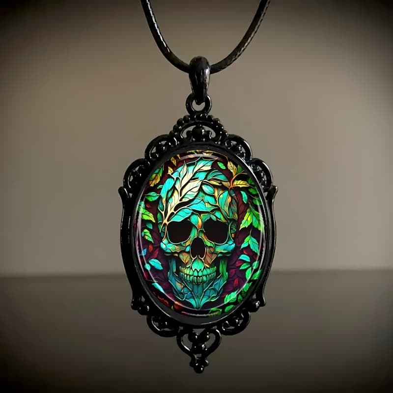 TEMU 1pc Fashion Elegant Skull Pattern Black Frame Glass Necklace Romantic Gift Jewelry
