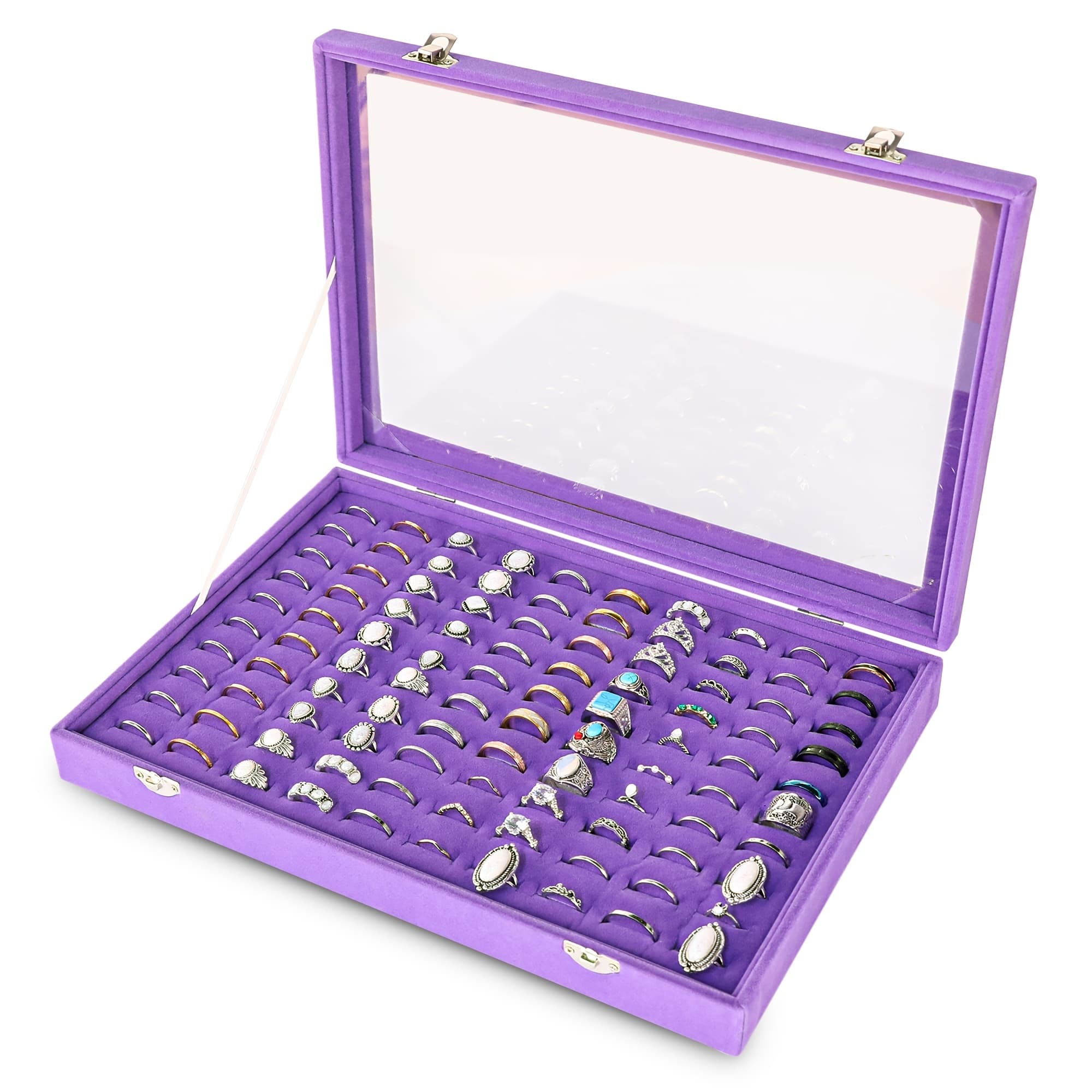 TEMU Ring Organizer Tray 100 Slots Ring Holder With Clear Lid Velvet Ring Storage Box Ring Tray For Jewelry Store Ring Display Case For Ring Box For Women(purple), Gift
