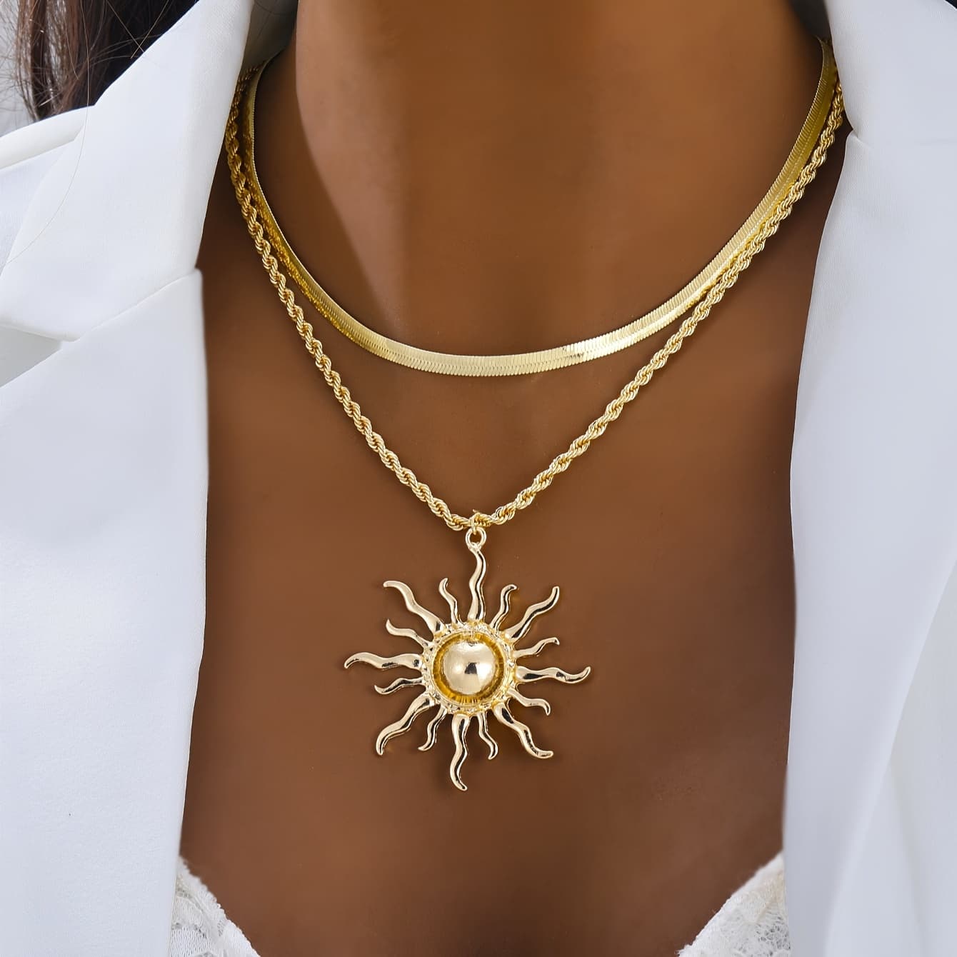 TEMU Elegant Double Layer Snake Bone Chain Necklace With Pendant For Women, Bohemian Style Jewelry For Casual Attire Or Gift, Gift For Women | Flame Motif Design