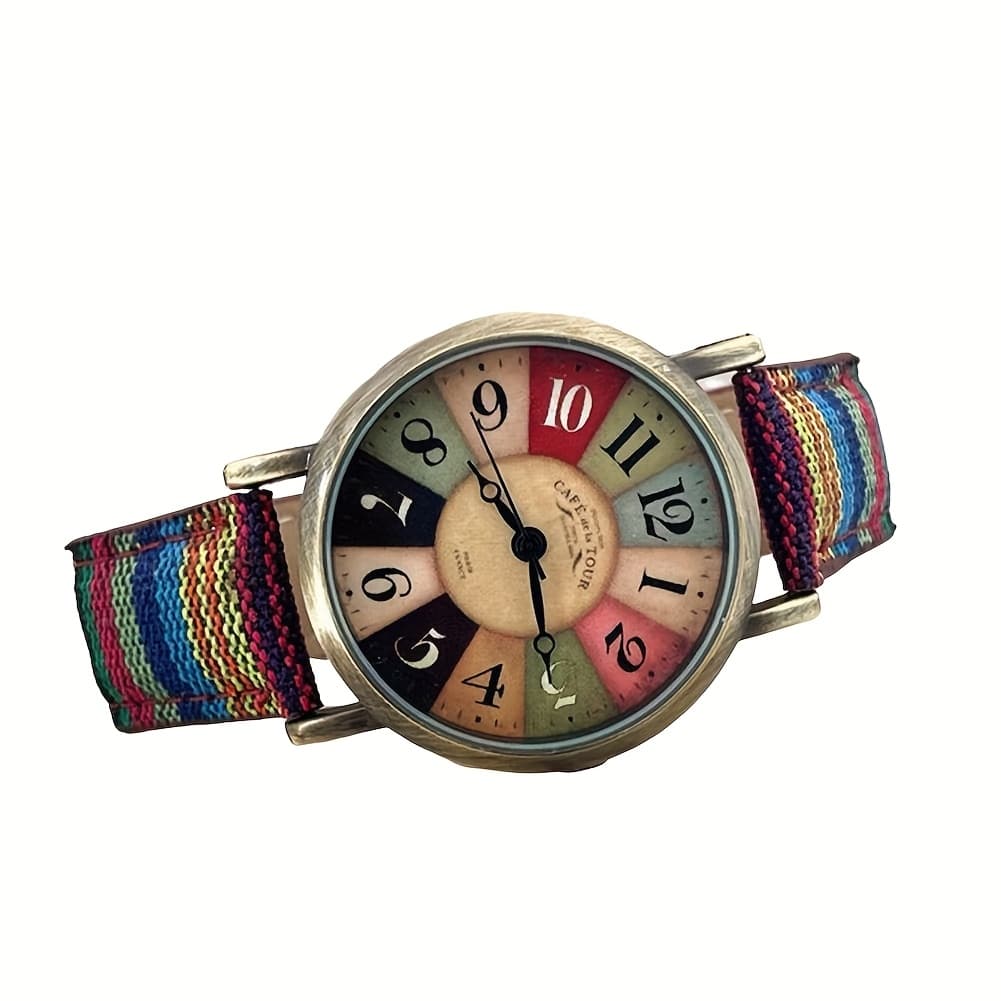 TEMU Vintage Multicolor Rainbow Pattern Bohemia Style Women's Quartz Wristwatch