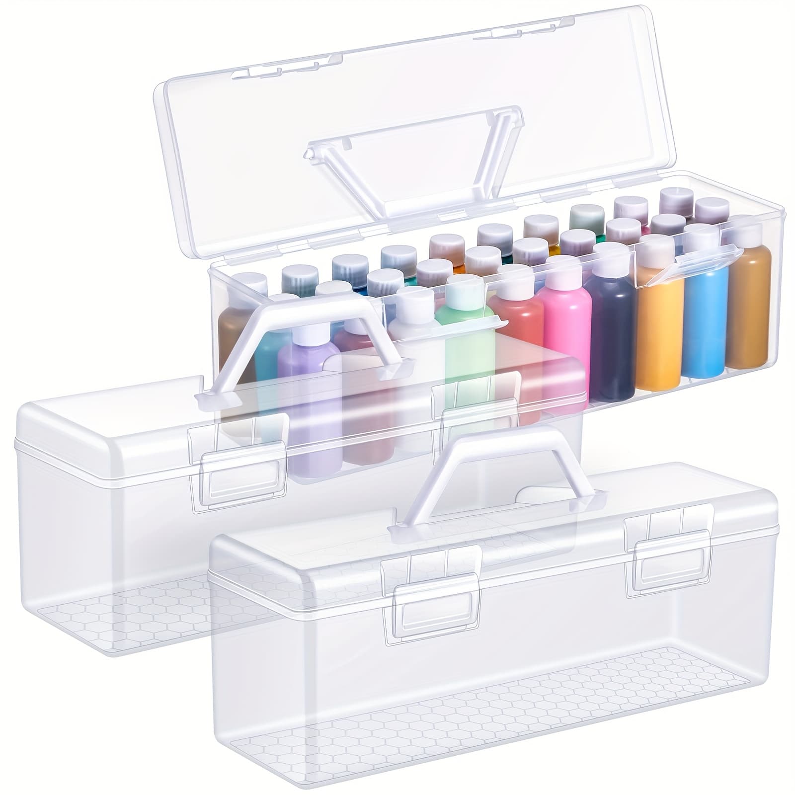 TEMU 3pcs Paint Storage Box For 2 Fl. Oz Acrylic Paints, Acrylic Portable Craft Art Organizer With Handle, 30 Bottles Capacity Plastic Art Supply Clear Boxes