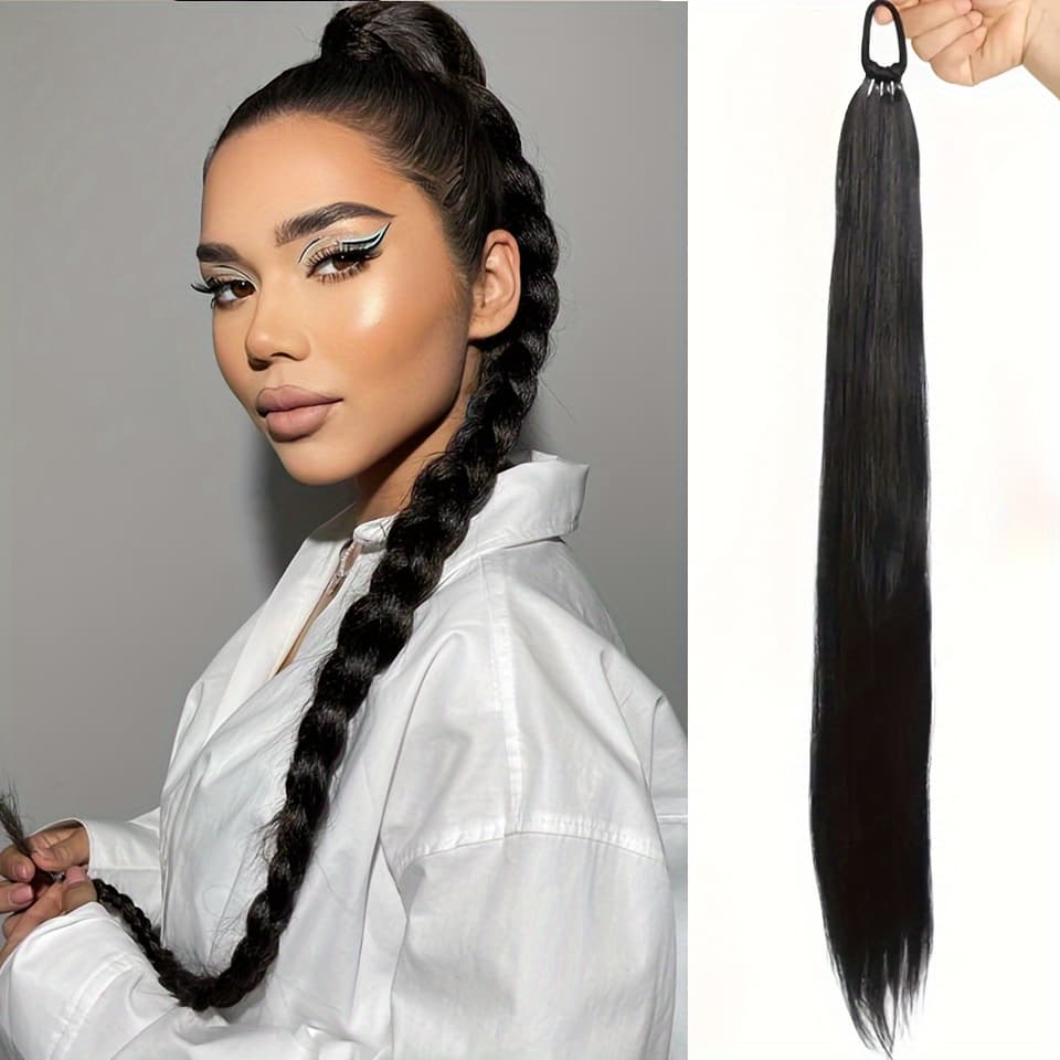 TEMU Braided Ponytail Extensions With Elastic Band Black Ponytail Extension Hairpieces For Women 28inch Long Straight Soft Synthetic Pony Tails High Temperture Fiber