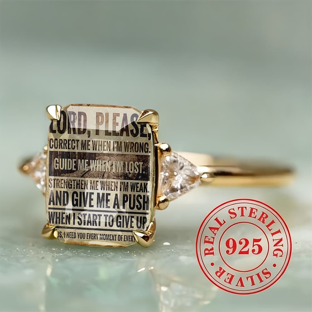 TEMU Silvery Rectangular Religious And Inspirational Slogan Ring, Women's Triangular Side Stone Classic Engagement Ring, Exquisite Proposal Gift