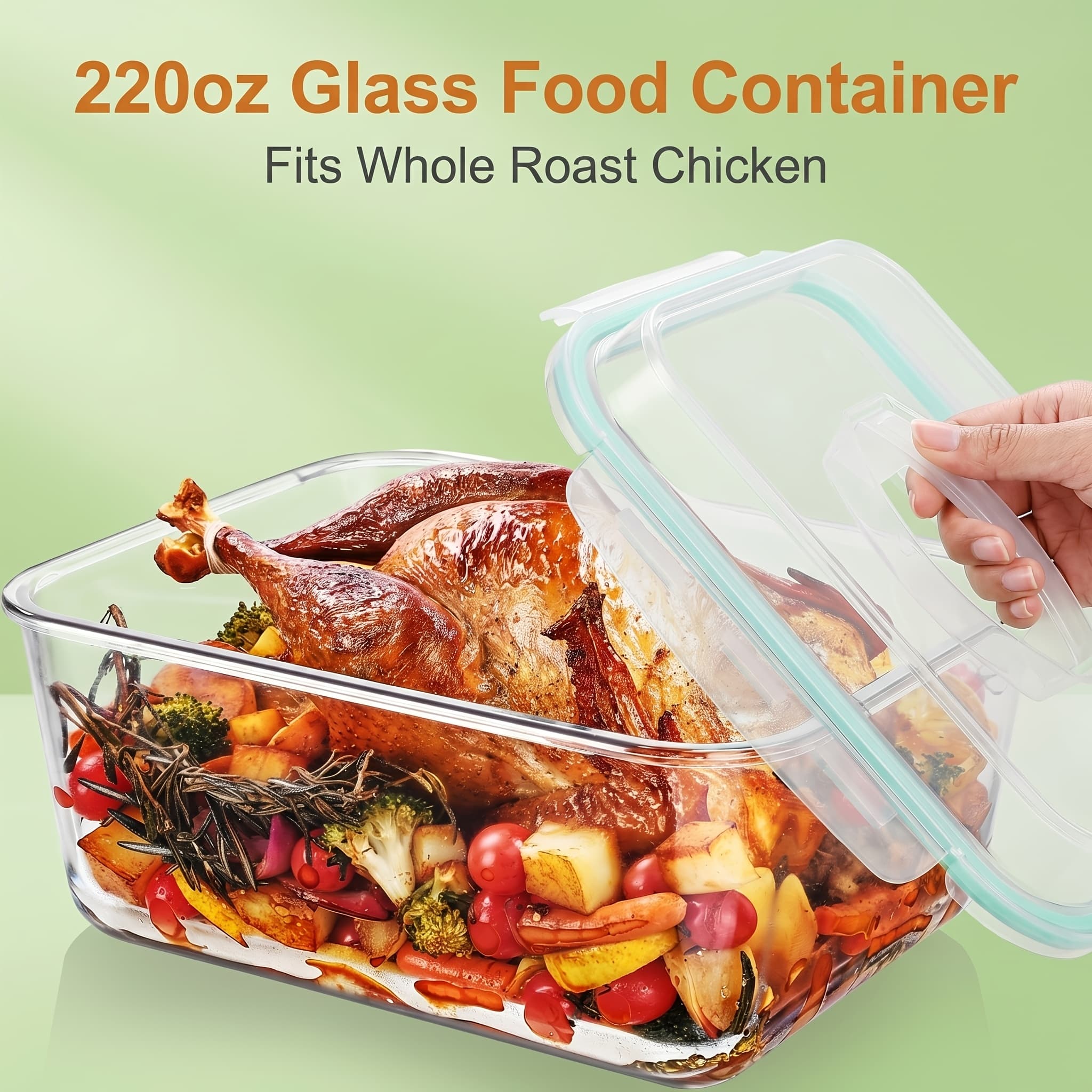TEMU 6.5l/ 220oz/ 27.5cup Extra Large Glass Food Storage Containers With Snap Airtight Lids For Roasting Turkey, Chicken, Baking Casserole, Fruits, Party, Bpa Free, Oven Safe, Freezer, Dishwasher