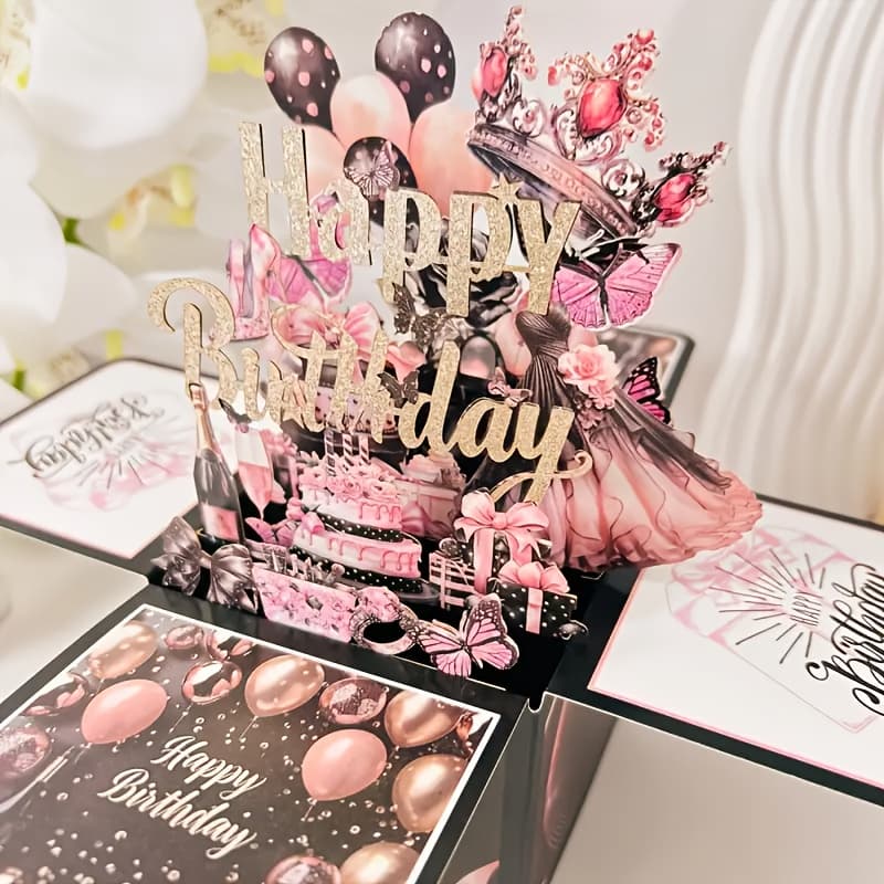 TEMU 1pc Happy Birthday 3d Pop Up Box Card – Elegant Pink And Black Greeting Card For Women,