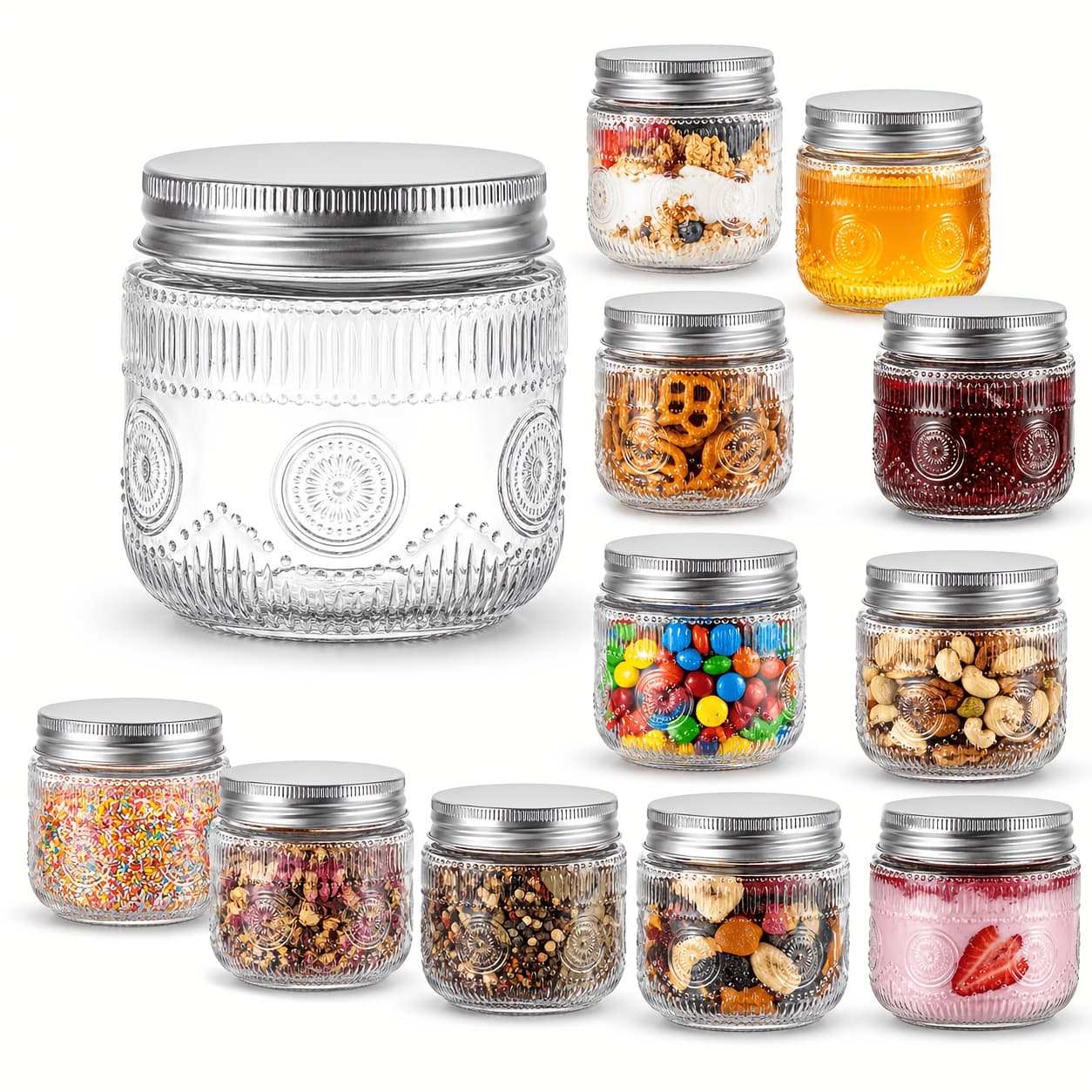 TEMU 12 Pack 8oz Vintage Glass Mason Jars With Lids, Small Airtight Canning Jars For Jam, Honey, Spices, Pickling, Preserving, Meal Prep & Crafts