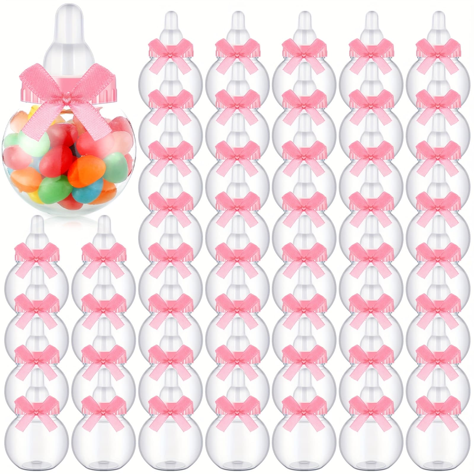 TEMU 48pcs Bulk Mini Baby Bottles For Baby Shower Favors & Party Decor - Clear Plastic Milk Bottles With Pink Bow Knots, Small Candy/jelly/formula Bottles For Newborn Showers, Decorations (bulk Pack)