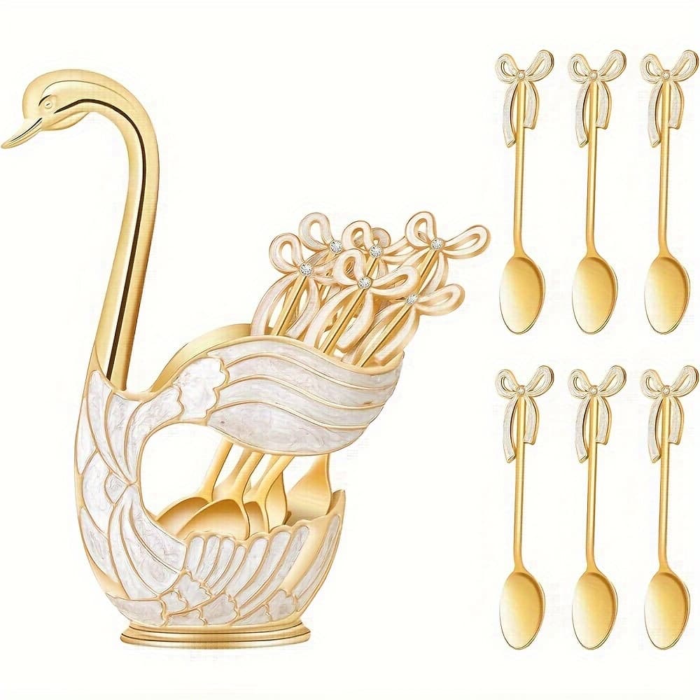 TEMU 6pcs Swan-shaped Dessert Spoon Holder & Organizer - Elegant Base With & Swan Spoons, Alloy For Wedding,, Dessert Table Decor - Compatible With Coffee Spoons (6-spoon) - Luxury