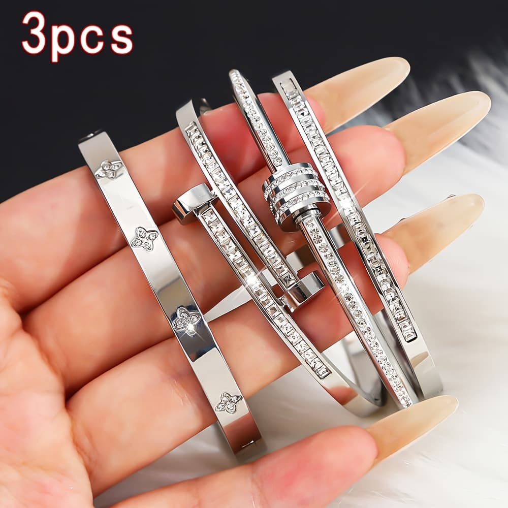 TEMU 3pcs Random Style 18k Gold-plated Titanium Steel Stainless Steel Bracelet, Suitable For Holiday Gifts