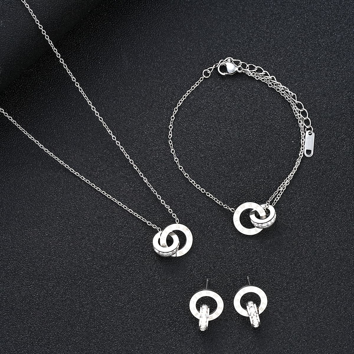 TEMU Valentine's Day Gift Stainless Steel 2 Earrings + 1 Necklace + 1 Bracelet Roman Numeral Interlocking Jewelry Set Gift For Girlfriend, Mom, Daily Dating, Vacation, Party
