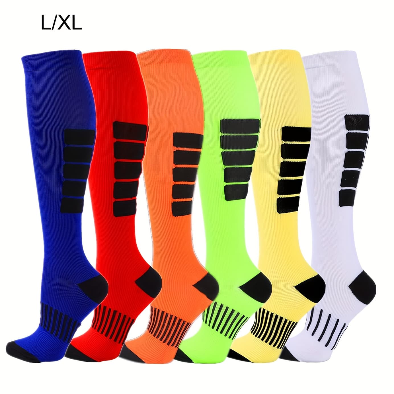 TEMU 6 Pairs Compression Knee-high Socks For Outdoor Activities, Color Block Knee High Sport Socks, Comfy Breathable Socks For Running, Cycling, And Hiking