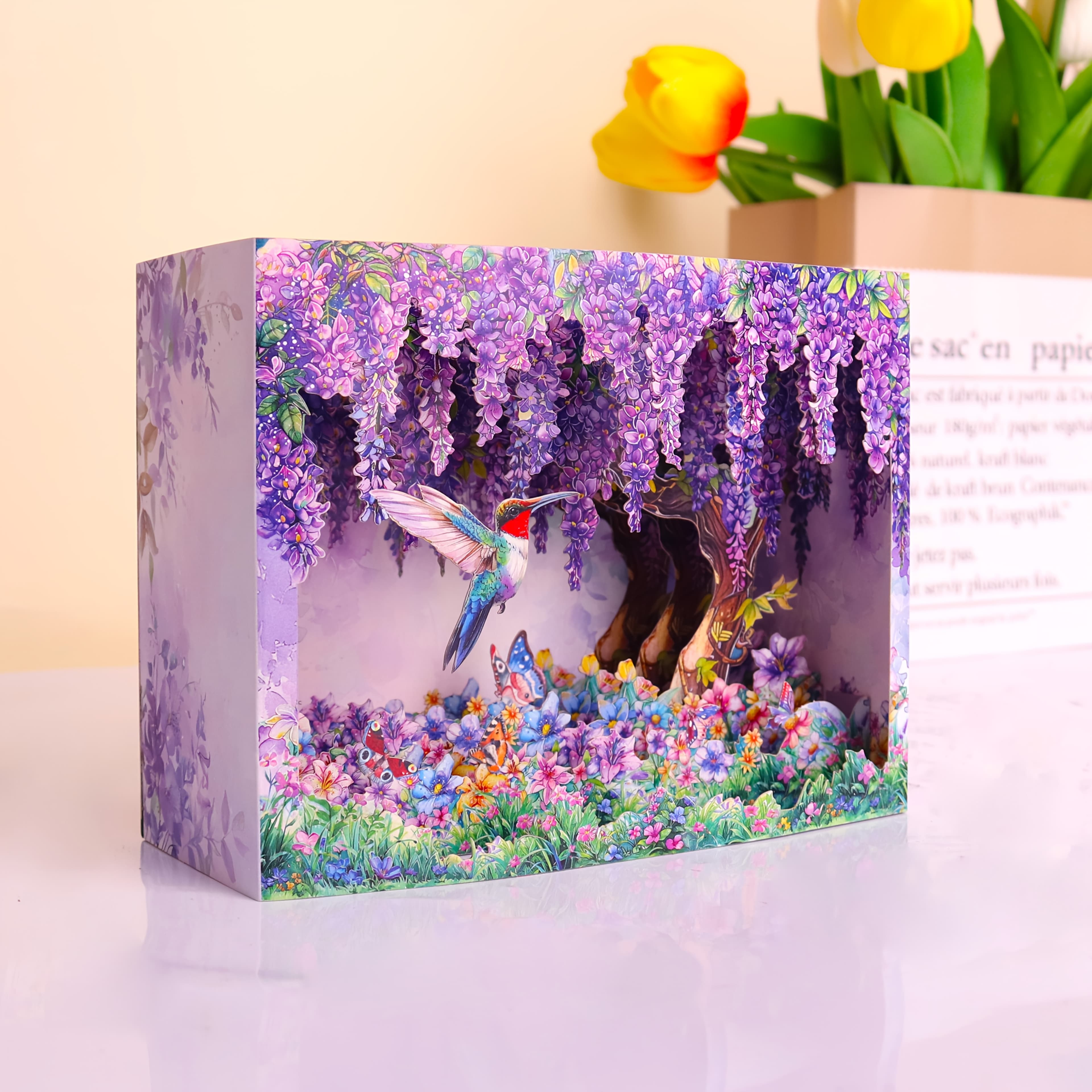 TEMU 1pc 3d Wisteria And Hummingbird Greeting Card With Note Behind And Envelope - Birthday, , Anniversary, Wedding, Greeting Card, Home Decor, Party Supply, Perfect For Everyone