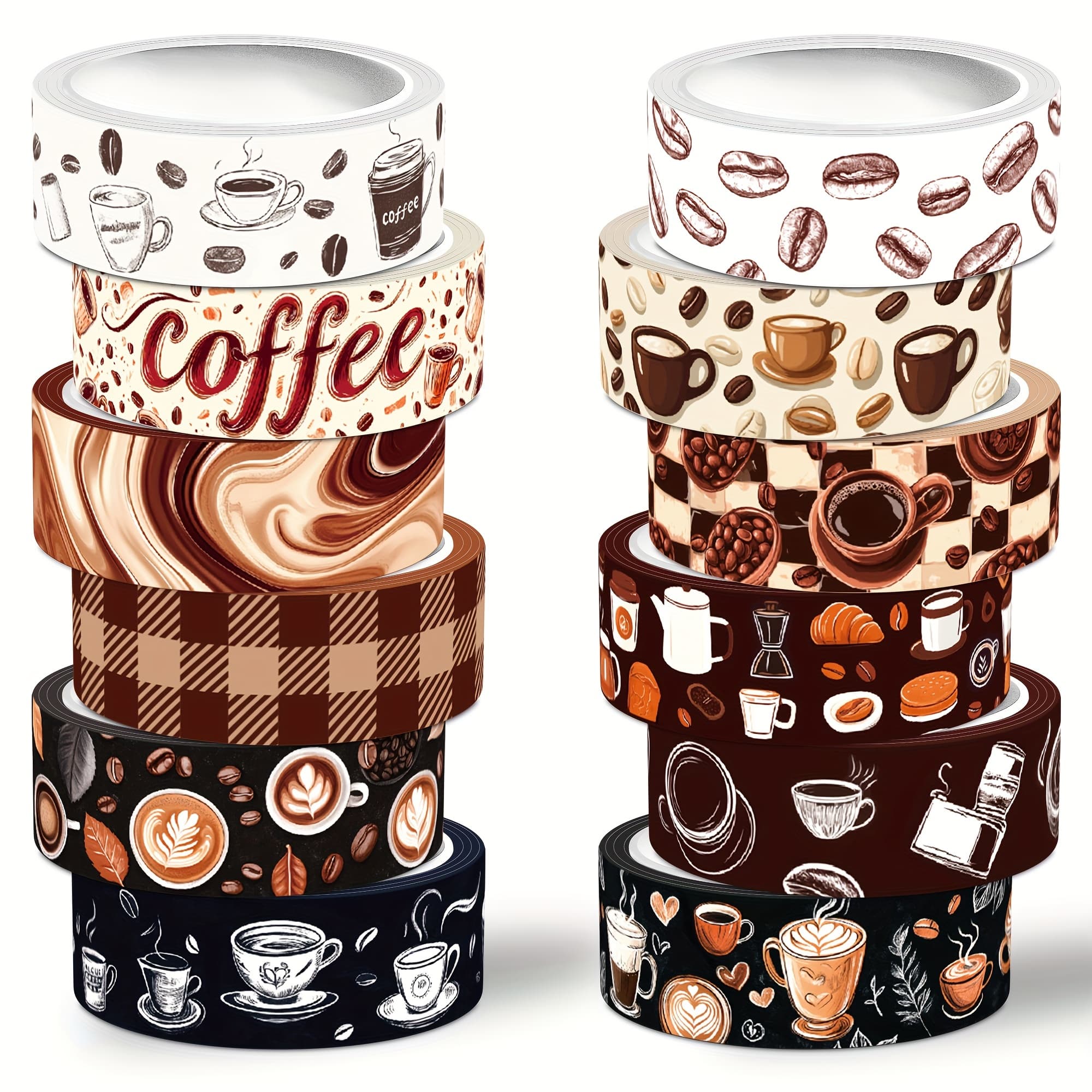 TEMU Coffee Washi Tape Set, 12 Rolls Of Decoration Tape, Coffee Beans, Coffee Mesh Washi Tape, For Note-keeping, Scrapbooking, Crafts, Gift Wrapping