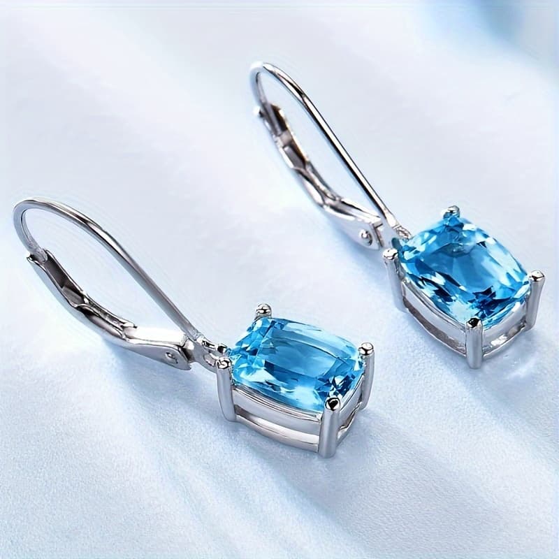 TEMU Exquisite Oval Aquamarine Cz Pendant Hoop Earrings For Women - Wedding, Engagement, Party & Casual Attire