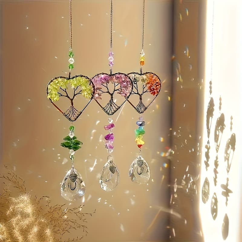 TEMU 3 Heart Shaped Tree Of Life Rainbow Catcher With Wheel Stone - Glass Prism Decoration, Suitable For Window, Garden, Home And Car Decoration - Perfect Valentine's Day Gift