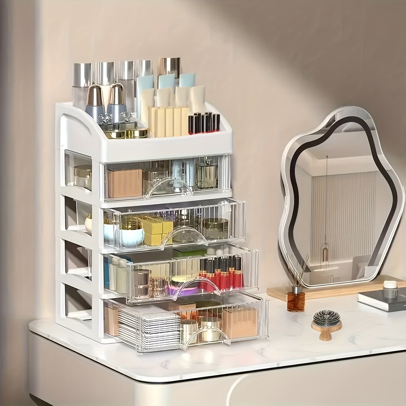 TEMU Makeup Storage Unit With Drawers - Space For Skincare, Brushes, Eyeshadow, Lotions, Lipsticks, Nail Polish - Ideal For Dressers, Bathrooms, Bedrooms, And Vanities