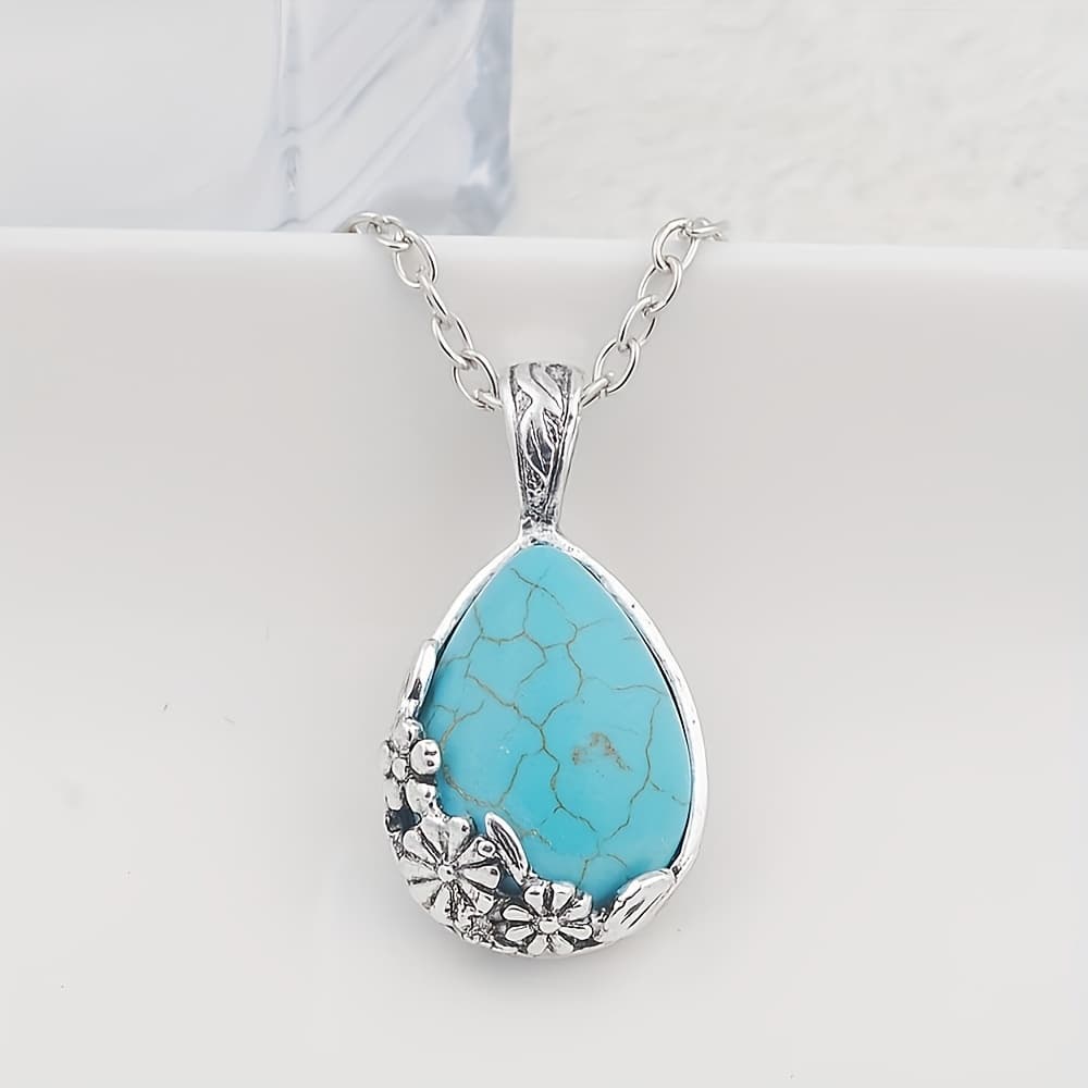 TEMU Vintage Natural Stone Tibetan Water Drop Statement Necklace, Turquoise Pendant Necklace