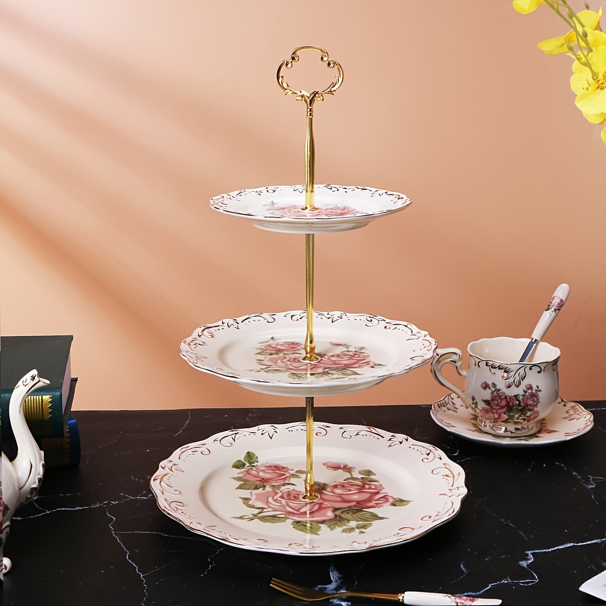 TEMU Red Rose Pattern 3 Tiered Cupcake Stand, Edge Porcelain 3 Tier Pastry Stand Desert Stand